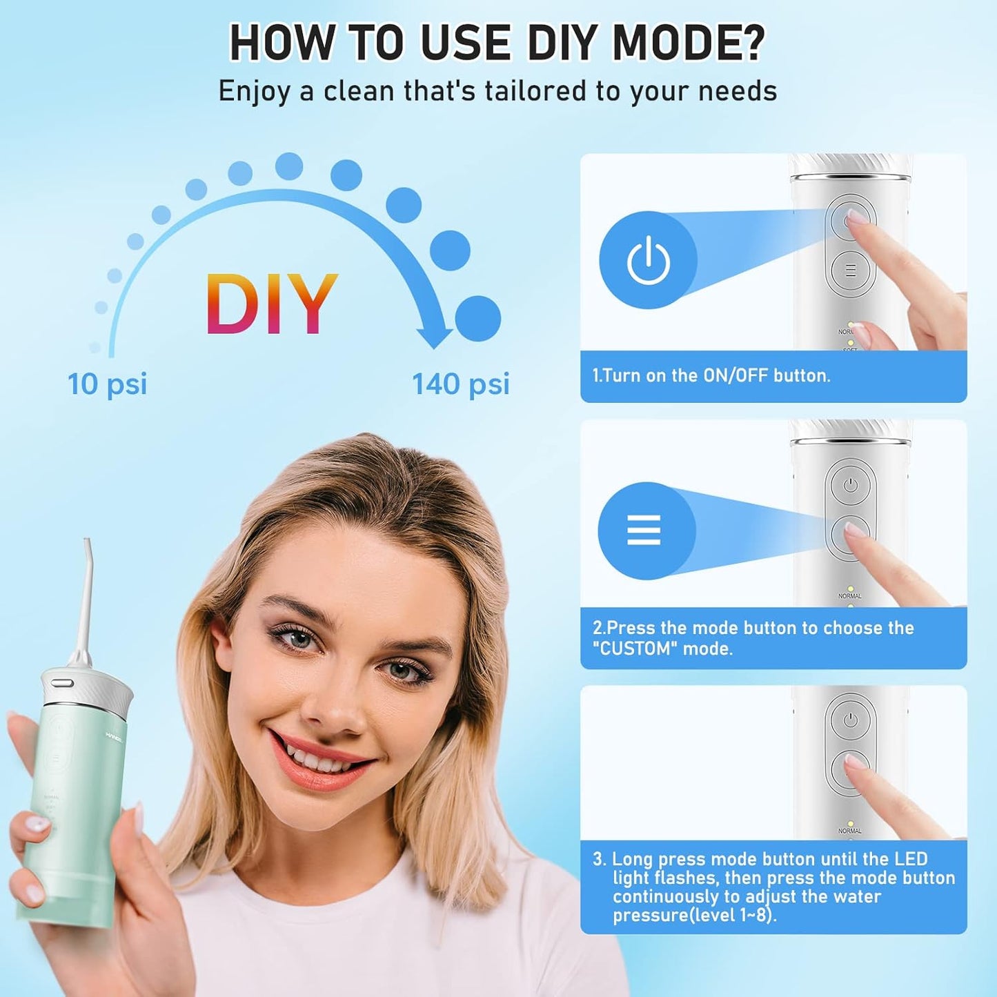 Hangsun Water Flosser Cordless Oral Irrigator Portable Teeth Cleaner HOC600 IPX7 Waterproof Electric Dental Flossers with DIY Modes 6 Jet Tips for Braces Care Travel and Home Use