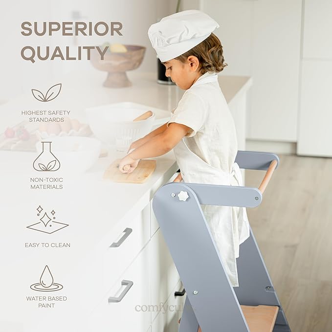 Comfy Cubs Kids Step Stool for Ages 3+, 3 Height Adjustable Toddler Tower, Montessori Furniture Designed in The US - Toddler Standing Tower for Kitchen Sink & Bathroom Access - Pacific Blue