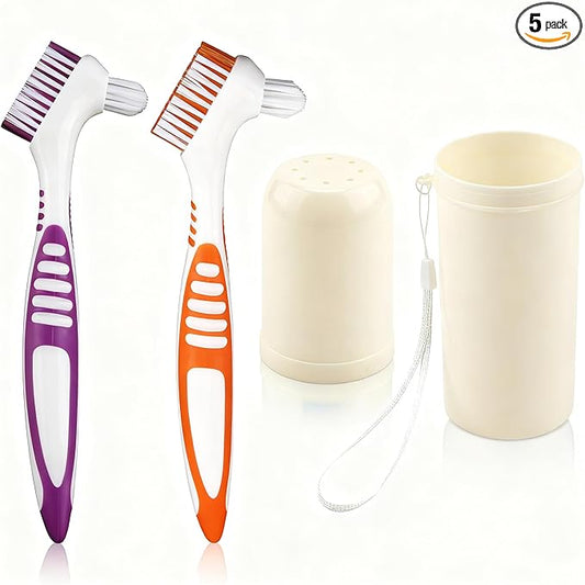 Denture Cleaning Brush Set,Unique Anti-mold Perforated Breathable Cover Denture Cleaning Brush Set with 1 White Carrying Case, Multi-Layered Bristles Ergonomic Rubber Handle for Denture Toothbrush (2)