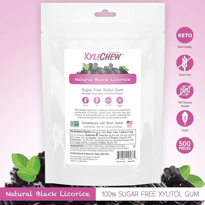 Xylichew 100% Xylitol Chewing Gum - Non GMO, Non Aspartame, Gluten Free, and Sugar Free Gum - Natural Oral Care, Relieves Bad Breath and Dry Mouth - Licorice, 500 Count