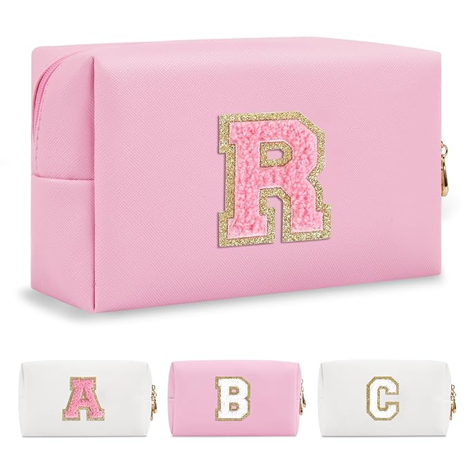 Personalized Initial A-Z Preppy Patch Makeup Bag,Small PU Leather Chenille Letter Cosmetic Bag with Zipper for Teen Girls,Pink Cute Travel Toiletry Bag,Birthday Monogrammed Gift for Daughter,Letter R