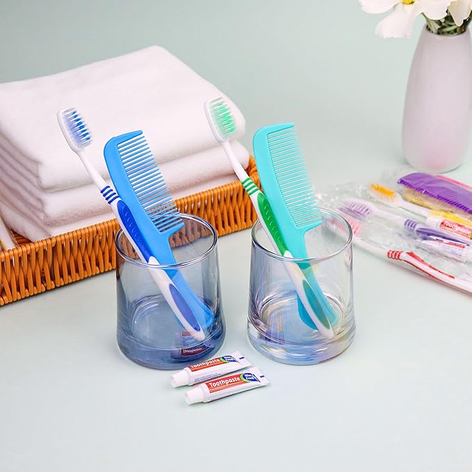 Disposable Toothbrushes with Toothpaste and Comb in Bulk, Individually Wrapped Soft Bristle Travel Size Basic Hygiene Kits, for Travel Hotel Camping Charity Homeless Shelter Donation in 5 colors (50)