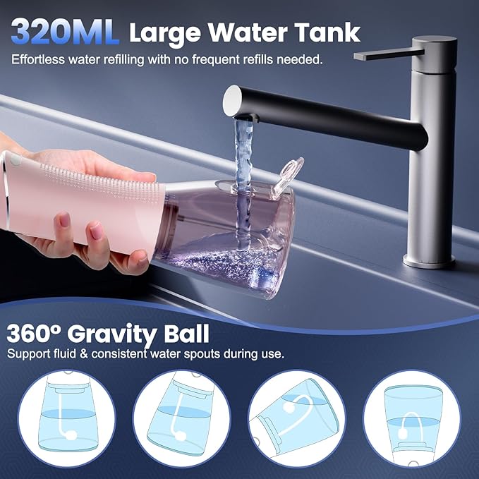 Water Flosser for Teeth Cleaning and Flossing, 5 Modes Rechargeable Cordless Oral Irrigator 320ml Water Tank Teeth Cleaner, IPX7 Waterproof Portable Electric Dentel Flossers for Home and Travel,Pink