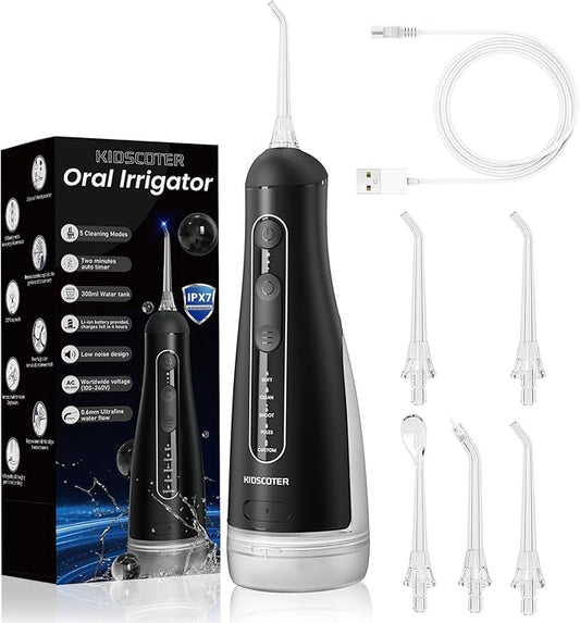 Water Flosser for Teeth with Detachable Washable Tank, 5 Modes Rechargeable Cordless Oral Irrigator, 300ml Portable Dental Flosser, IPX7 Waterproof for Home & Travel, Black