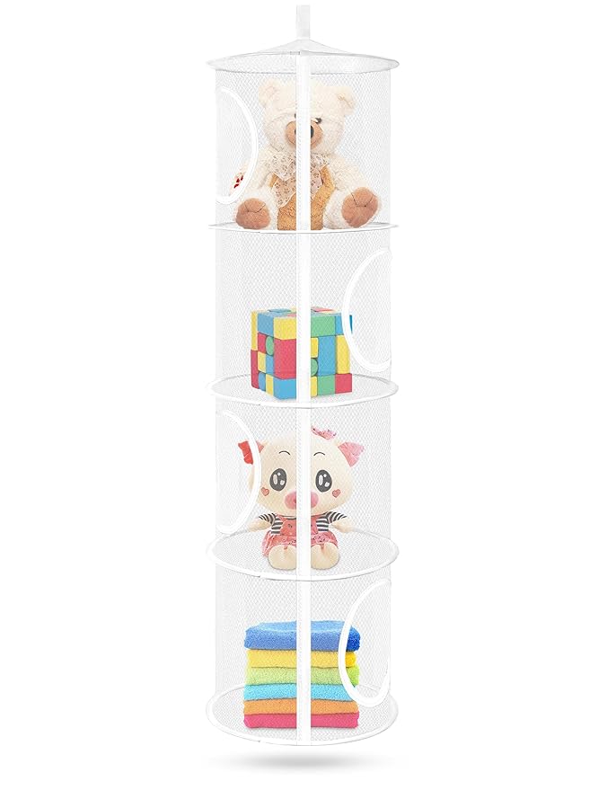 Libeder Stuffed Animal Storage, Mesh Hanging Storage Space Saver Bags Organizer,Foldable Storage Organizer 4 Compartments Toy Storage Basket for Kids Room Bathroom