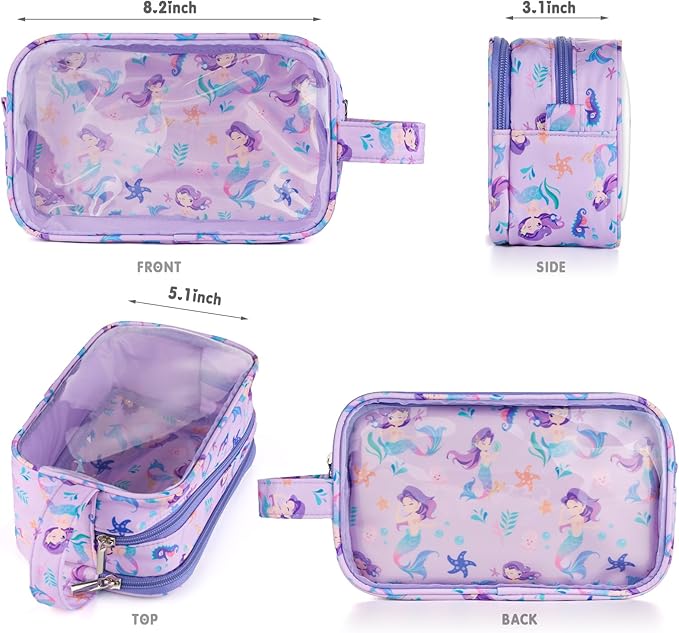 Kids Toiletry Bag for Girls, Travel Clear Toiletry Bag for Little Young Girls Cosmetic Bag Makeup Bag Waterproof Hanging Toddler Wash Bag, Purple Mermaid