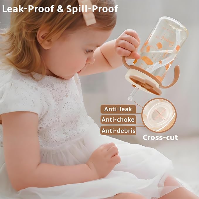 Evorie Tritan Spill Proof Toddler Straw Sippy Cup, 10 oz for Baby and Toddlers 1-3 Years Old, No Spill Straw Water Bottle with Removable Handles, Ideal for School, BPA-Free, Honey Bear