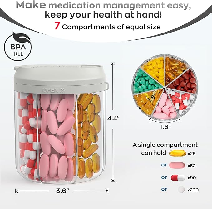 Pill Dispenser with 7 Large Compartments, Pill Bottle Organizer for Travel, Supplement Organizer with Anti-Mixing Design, BPA-Free Pill Container with 20 Pcs Labels, Grey