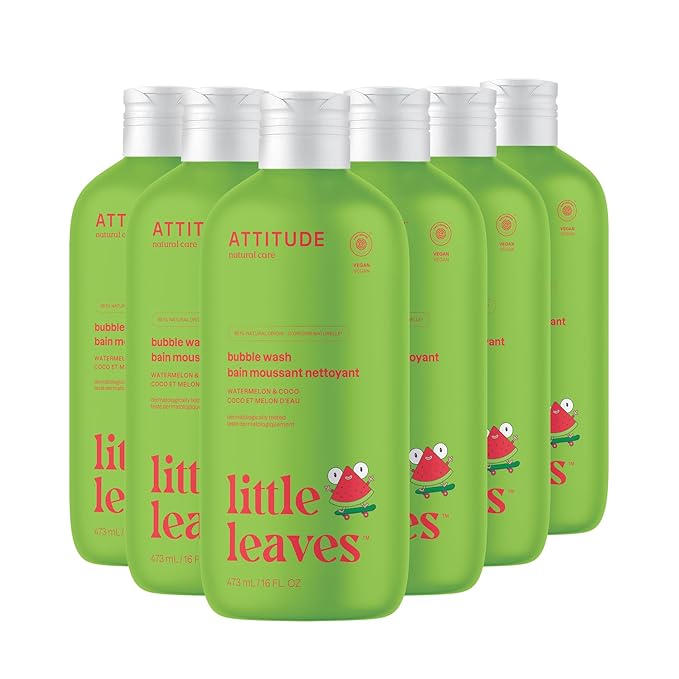 Attitude Bubble Wash for Kids, EWG Verified Bubble Bath, Hair Shampoo and Body Soap, Dermatologically Tested, Plant- and Mineral-Based, Vegan, Watermelon & Coco, 16 Fl Oz (Pack of 6)