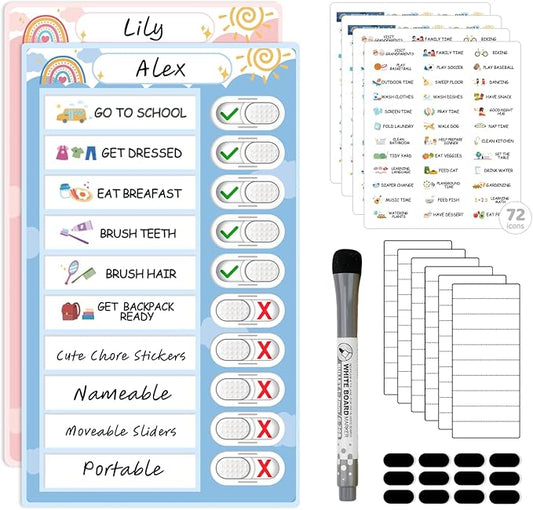 2 in 1 Namable Chore Chart - Dry Erase Morning/Bedtime Routine Chart for Kids - Magnetic Visual Schedule for Toddlers to Do List Checklist for Multiple Kids