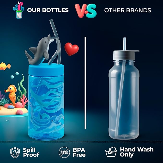 Kids Water Bottle, Toddler Cups, Tumbler with Lid and Straw, Travel Sippy Cup for Water or Milk, Kids Cups with Lids for Toddlers 3 and Up, BPA Free Plastic, 12 oz (Sealife Dolphin)