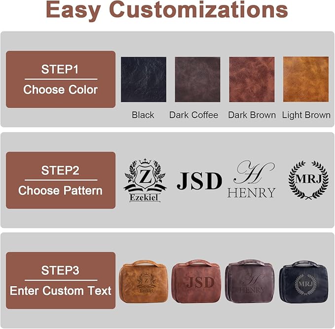 Bleggeit 3-in-1 Large Personalized PU Leather Toiletry Bag For Men, Custom Groomsmen Gifts Hanging Travel Organizer Bag, Laser Engraved Name Monogram Shaving Kit Gift For Him Husband Father Dad Dop