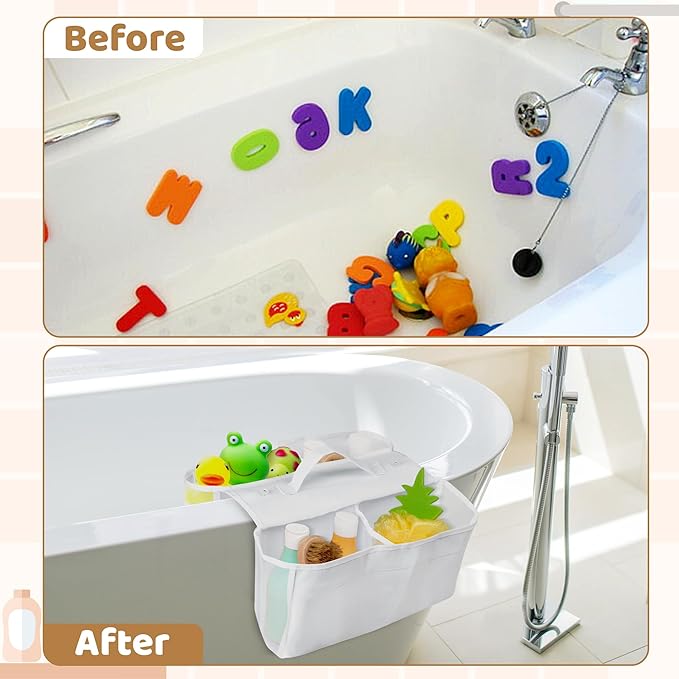 Bath Toy Storage Holder - Baby Bathtub Toys Organizer, Bathroom Bath Tub Mesh Sorting Net with 4 Compartments and Suction Cup, Double-pocket Shower Storage Quick-Drying Bag for Kids Toddlers