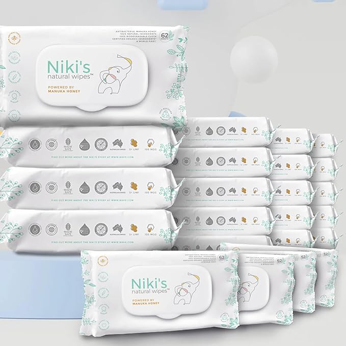 Niki's Natural Baby Wipes | Organic Baby Wipes Sensitive | Made with Manuka Honey and Coconut Oil, Unscented | EWG Verified | 1488 Wipes (24 Pack x 62 Count Wipes) Baby Wipes Bulk