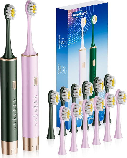 Sonic 2 Pack Electric Toothbrush for Adults and Kids, Travel Toothbrush Includes 12 Replacement Toothbrush Heads, 6 Modes with 2 MIN Smart Timer (Purple, Green)