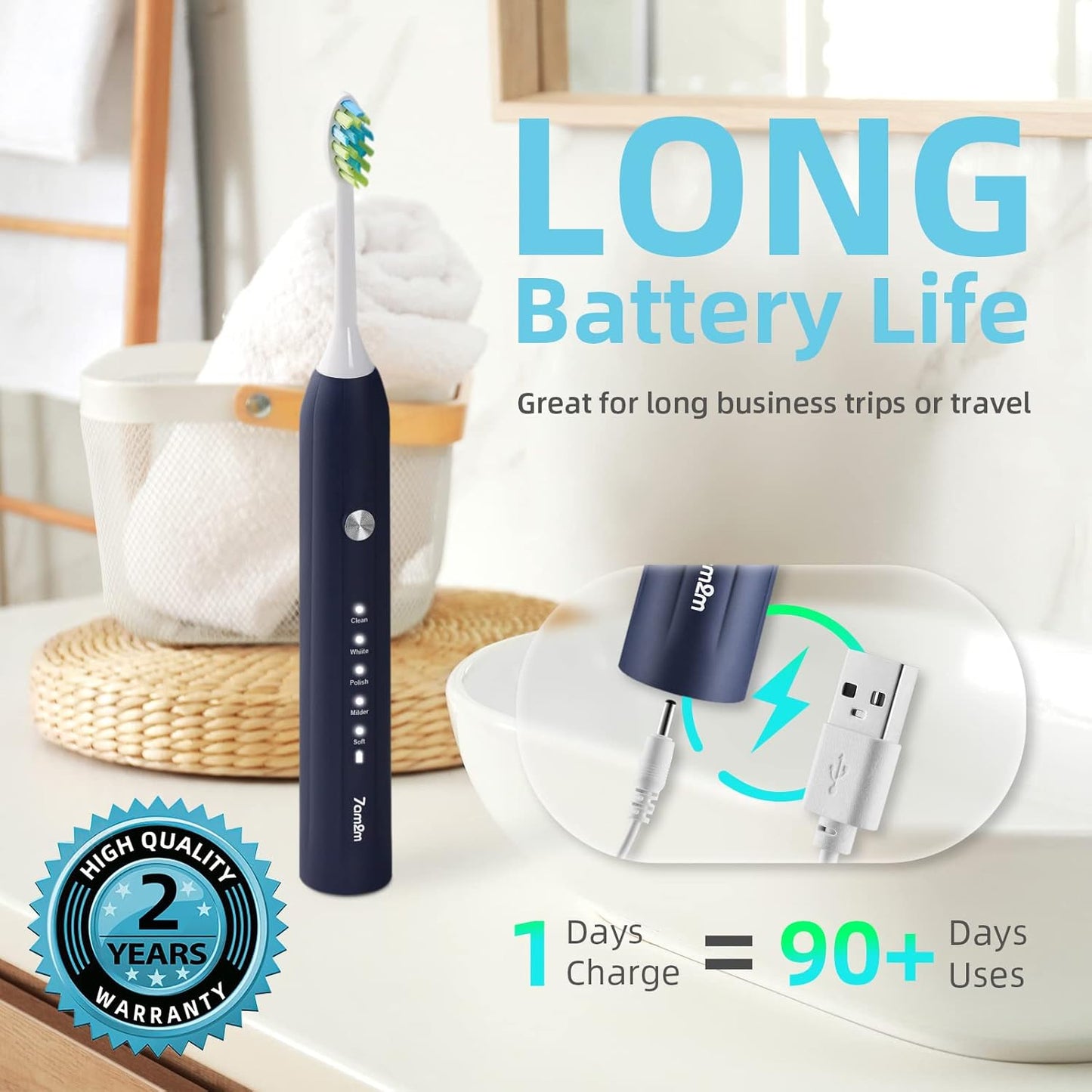 7AM2M Sonic Electric Toothbrush for Adults and Kids, with 8 Brush Heads and Travel Case,5 Modes with 2 Minutes Build in Smart Timer, One Charge Use for 90 Days, Rechargeable Toothbrushes(Navy Blue)