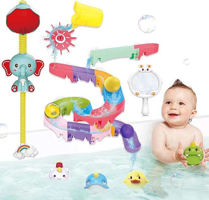 Toddler Bath Toys, Baby Bathtub Toys with Elephant Shower Sprays and Slide Track, Fishing Floating Animals Toys, Creative Shower Toys Christmas Birthday Gifts for Boys and Girls