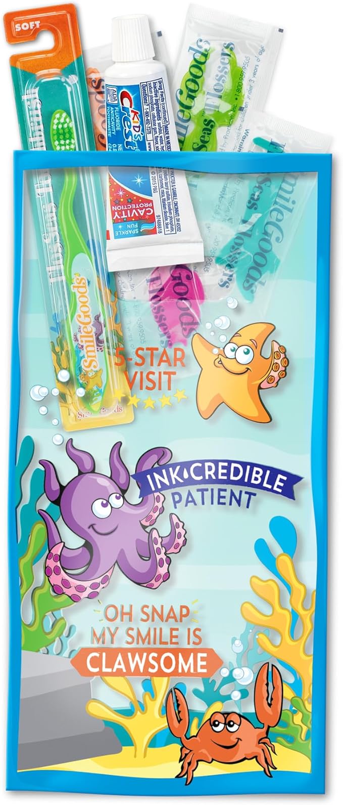 Practicon SmileGoods Dental Hygiene Kit, Makes 72 Dental Care Giveaways with Toothbrush, Toothpaste, Flossers and Bag (FlosSeas)