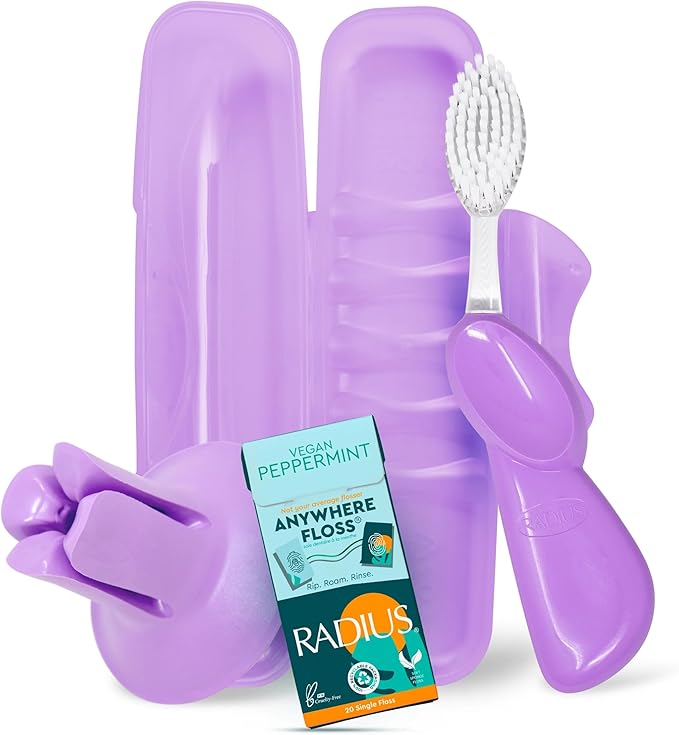 RADIUS Vacation Pastel Bundle, Includes Right Handed Big Brush with Replaceable Head, Toothbrush Travel Case, DOC Toothbrush Holder, Anywhere Travel Floss Packette, Lavender Purple, 4 Piece Bundle