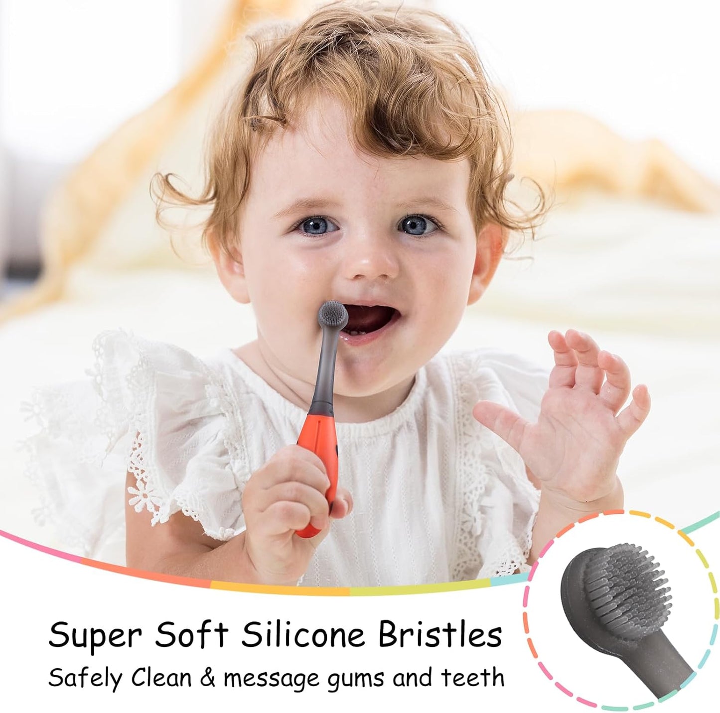 Mombella Ladybug Baby Toothbrush 6 to 12 Months and Up, Extra Soft Silicone Infant to Toddler Training Toothbrush for Baby's First Teeth, Oral Care Teether Over 6m+, Clean and Massage Tender Gums 1pc