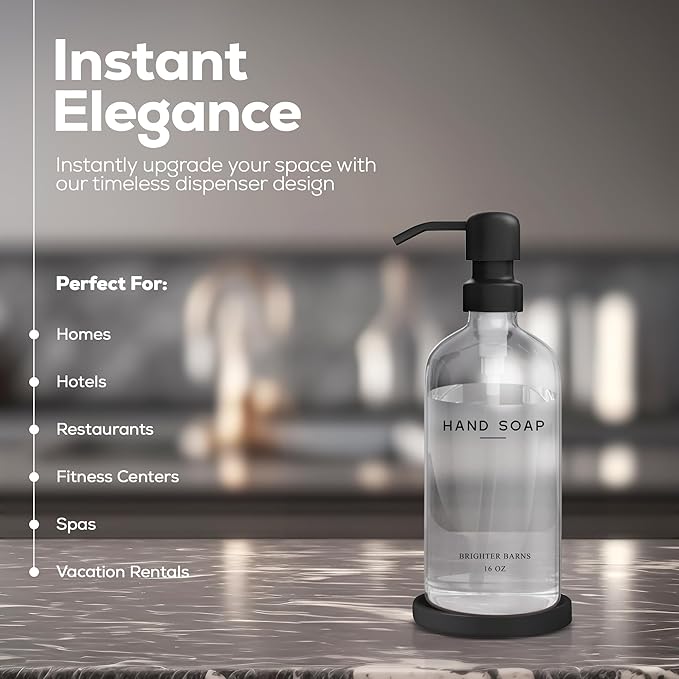 Glass Hand Soap Dispenser Bathroom Set by Brighter Barns - Bathroom Soap Dispenser Set - Refillable Pump Bottle with Tray - Neutral Home Decor for Airbnb, Hotel, Vacation Rental, Restaurants (Clear)