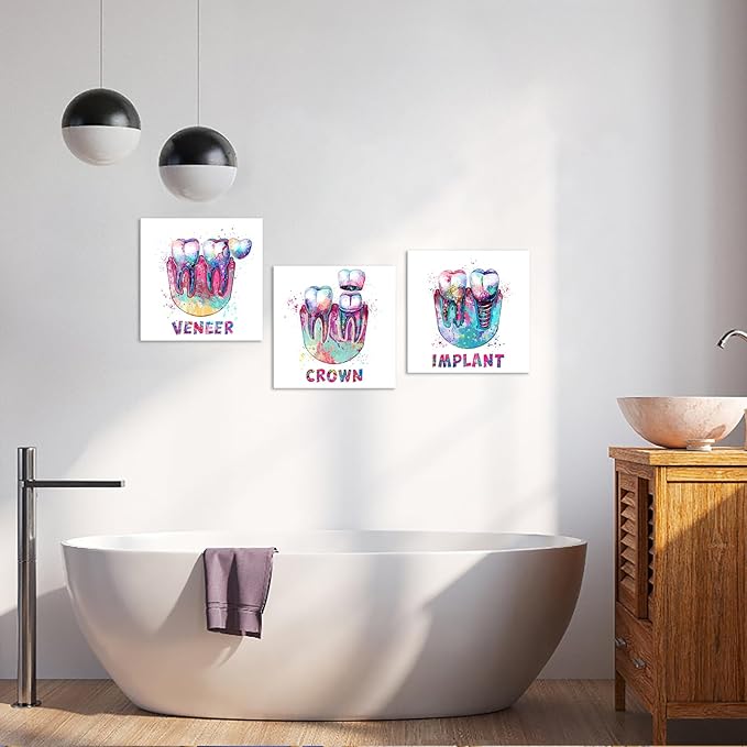 KLVOS Medical Wall Art Print Abstract Colorful Tooth Picture Dental Treatment Teeth Medical Canvas Prints Art Decor Great Gift for Dental Clinic Hospital Chemist Stretched Ready to Hang 12"x12"x3pcs