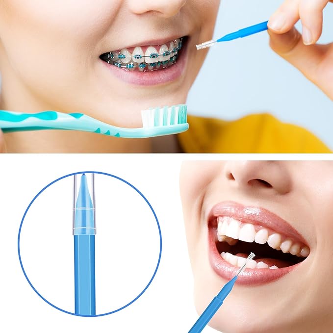 Patelai 100 Pieces Braces Brush for Cleaner Interdental Brush Toothpick Dental Tooth Flossing Head Oral Dental Hygiene Flosser Toothpick Cleaners Tooth Cleaning Tool(Blue, Yellow,Multiple Sizes)