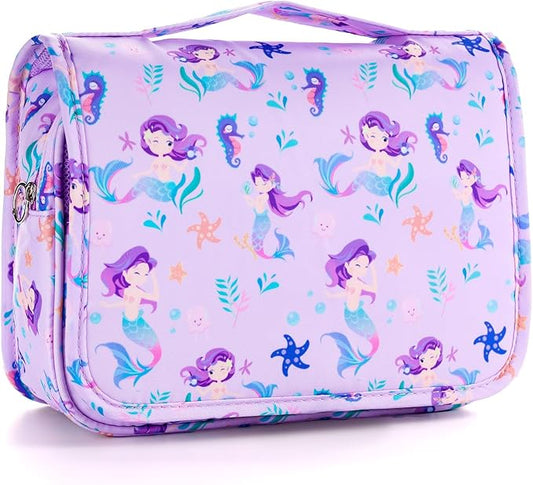 Kids Hanging Toiletry Bag for Girls, Travel Toiletry Bag for Little Young Girls Cosmetic Makeup Waterproof Wash Bag Toddler Traveling Toiletries, Mermaid Purple