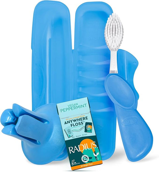 RADIUS Vacation Pastel Bundle, Includes Right Handed Big Brush with Replaceable Head, Toothbrush Travel Case, DOC Toothbrush Holder, Anywhere Travel Floss Packette, Periwinkle Blue, 4 Piece Bundle