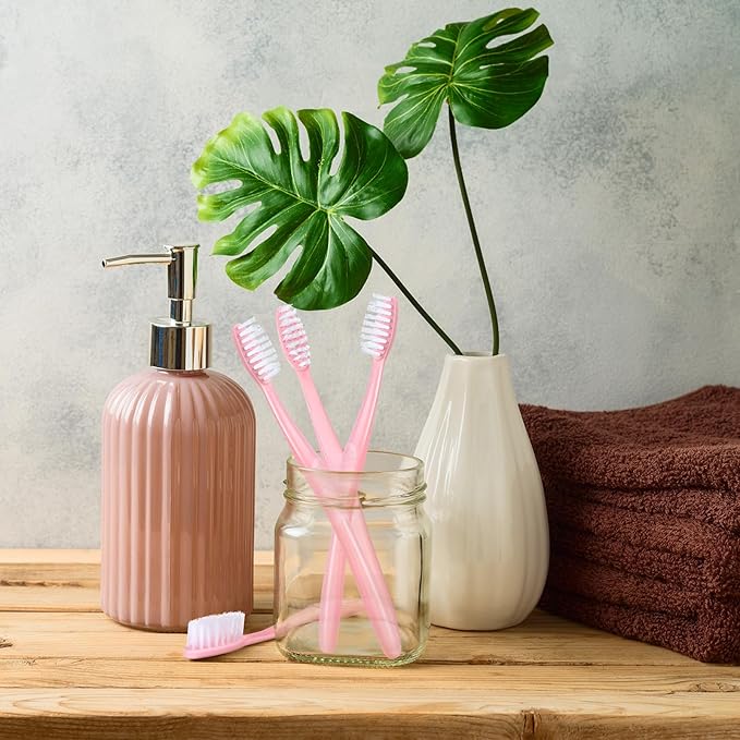 Tessco 1000 Pcs Disposable Toothbrushes Bulk Individually Wrapped Manual Soft Bristle Travel Toothbrushes Single Use Toothbrush for Homeless Hotel Toiletries Camping Office(Pink)