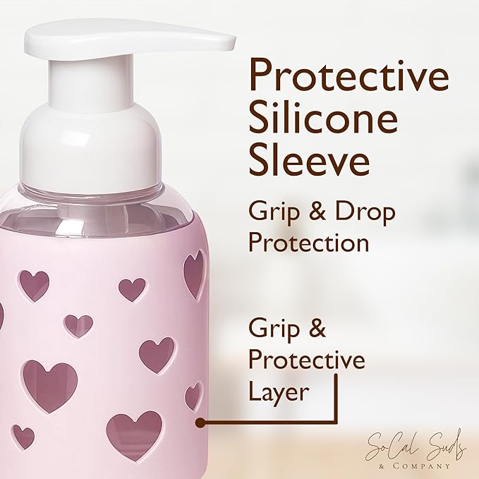 SoCal Suds & Company Glass Foaming Hand Soap Dispenser, Heart Silicone Sleeve, Refillable Pump Bottle for Kids, Baby Wash & Shampoo, Ideal for Home Use, Soft Pink 8oz