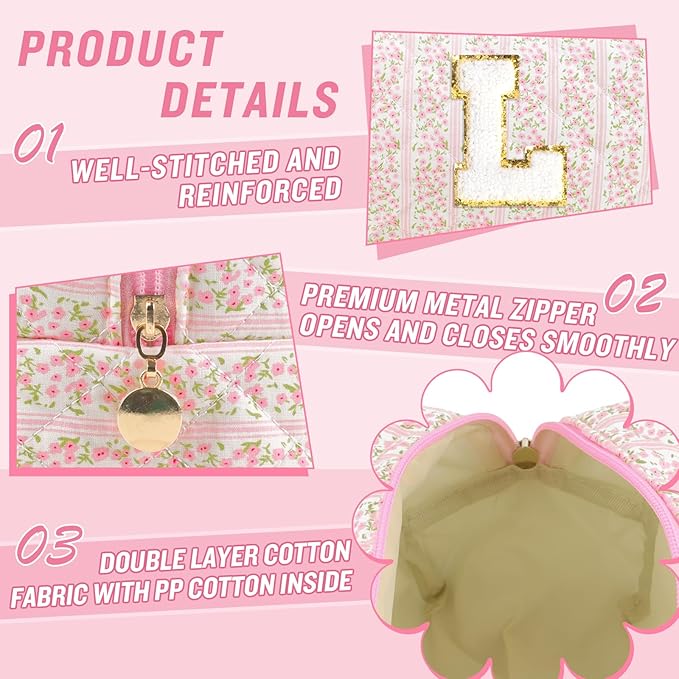 Personalized Quilted Cosmetic Bag, Puffy Monogrammed Christmas Birthday Gifts for Women & Girls, Cute initial Floral Makeup Bag Puffer Coquette Bag, Aesthetic Travel Toiletry Zipper Pouch(Pink,L)