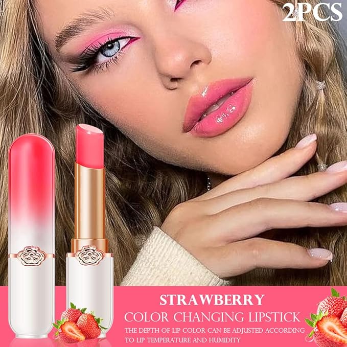 evpct 2Pcs Strawberry Tinted Lip Balms PH Lip Color Changing Lipstick Balm Stain Gift Set Queen for Women Girls Korean Mood Long Lasting Color Change Light Pink Lipstick Lip Tint Plumper Gloss