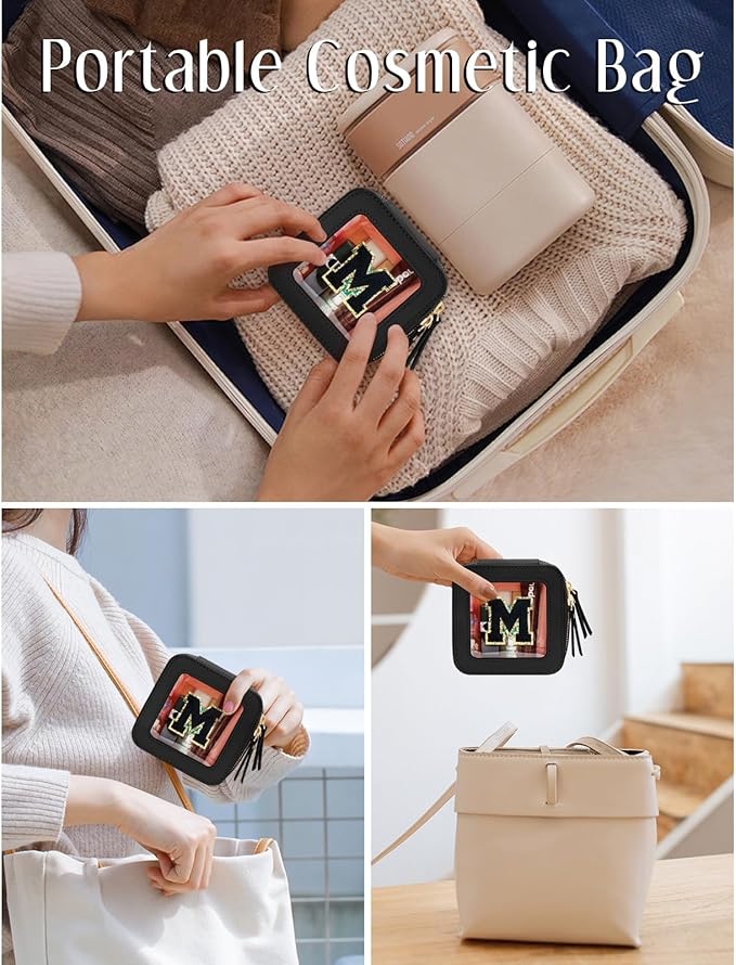 Initial Travel Toiletry Bag - Cosmetic Bags for Girls with Zipper, Clear & Potable Girls Makeup Bag for Travel, Small Cosmetic Pouch Perfect Gifts for Graduation (Black, M)