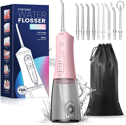 JTF Water Dental Flosser Picks for Teeth - 4 Modes Cordless Oral Irrigator, 300ML Portable Water Flosser & Rechargeable IPX7 Waterproof Water Teeth Cleaner for Home Travel with 9 Jet Tips (Pink)