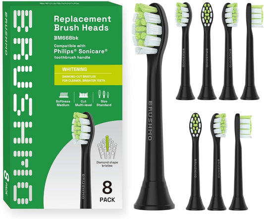 Brushmo Whitening Replacement Toothbrush Heads Compatible with Philips Sonicare DiamondClean HX6062/65, Black, 8 Pack