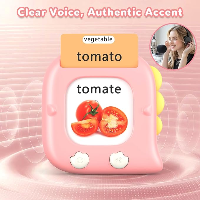 Kidzdo 520 Bilingual Spanish English Talking Flash Cards, Christmas Birthday Gifts for 2 3 4 5 6 Year Old Girls, Language Pocket Speech Therapy Toys, Portable Toddlers Toys for Ages 2-6 Kids, Pink