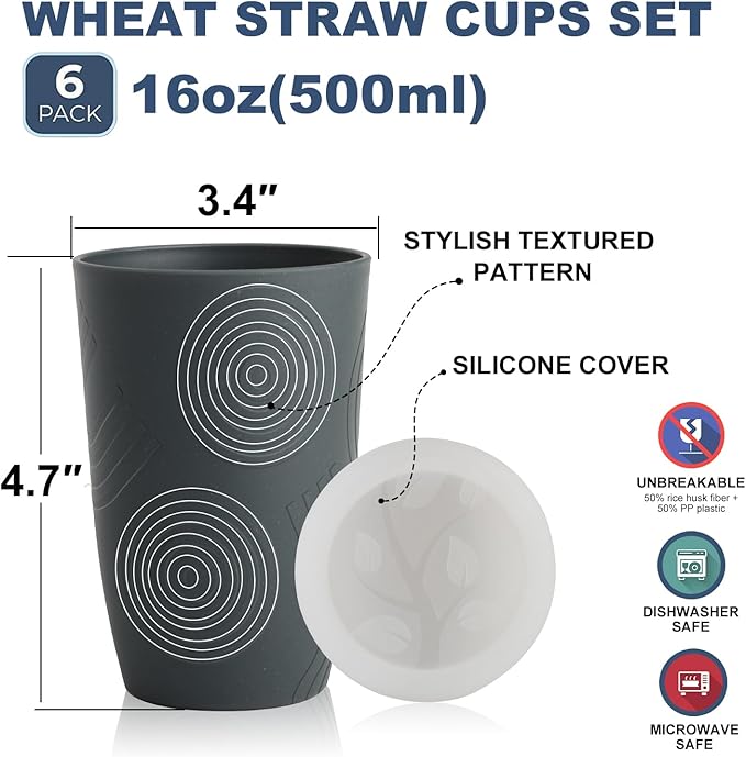 Wrova Wheat Straw Cups 16oz Set of 8 with Silicone Covers - Alternative Plastic Cups Reusable Dishwasher Safe - Unbreakable Plastic Drinking Cups for Kids - Black to Gray