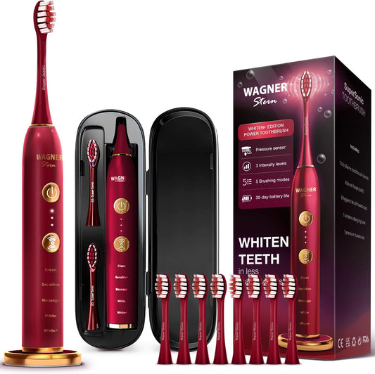 Wagner Stern WT8900 Series Electric Toothbrush – Whitening & Pressure Sensor, 5 Modes, 3 Intensities, 8 Soft Brush Heads, Rechargeable, Travel Case Included