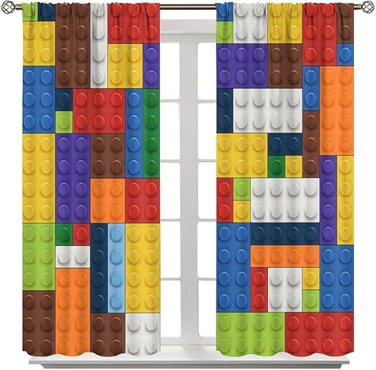 Kids Boy Curtain Blocks Toy Abstract Outline Colorful Geometric Brick Print Curtain for Boys Girls Nursery Room Curtains 42x45 Inch 2 Panels(Decor Curtains