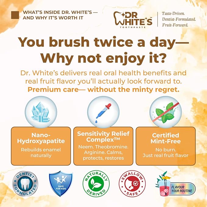Dr. White’s Fluoride-Free nHA Toothpaste; Dentist-Formulated, Nano Hydroxyapatite + Xylitol, Sensitivity Relief Complex™, Mint-Free, Enamel Safe, Swallow-Safe (3.5 Oz, Mango Joy)