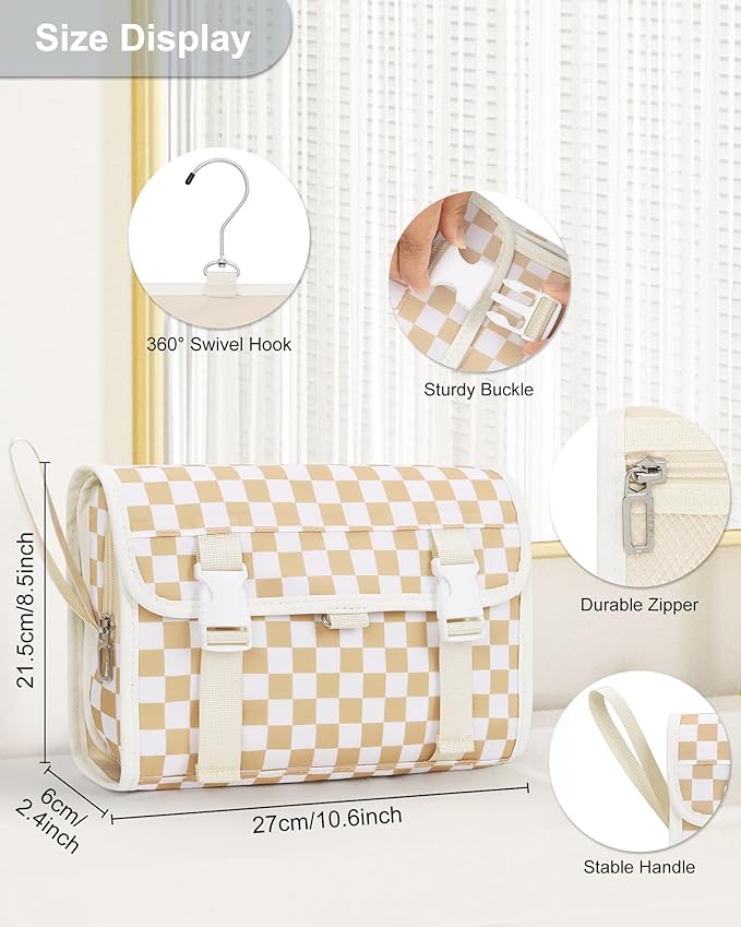 Relavel Hanging Toiletry Bag for Women, Hanging Makeup Organizer with Travel Size Toiletries, Portable Bathroom Travel Bag with Hook for Shaving Kit, Shampoo, Conditioner for Trip - Plaid