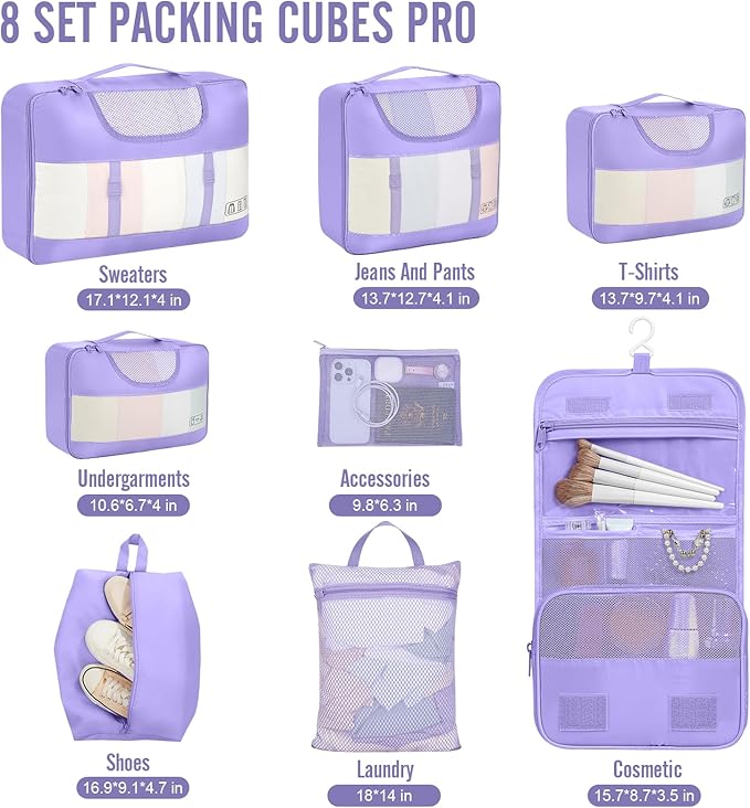 Veken 8 Set Packing Cubes for Travel Essentials, Suitcase Organizer Bags in 4 Sizes, Carry-On Luggage Accessories with Large Laundry & Hanging Toiletry Bag, Must-Have for Airplane, Road Trip & Camping