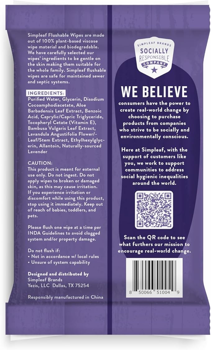 Simpleaf Flushable Wet Wipes Lavender| Eco-Friendly, Paraben & Alcohol Free | Hypoallergenic & Safe for Sensitive Skin | Soothing Aloe Formula | (24 x 25 Counts Convenient Pack) 600 Counts Total