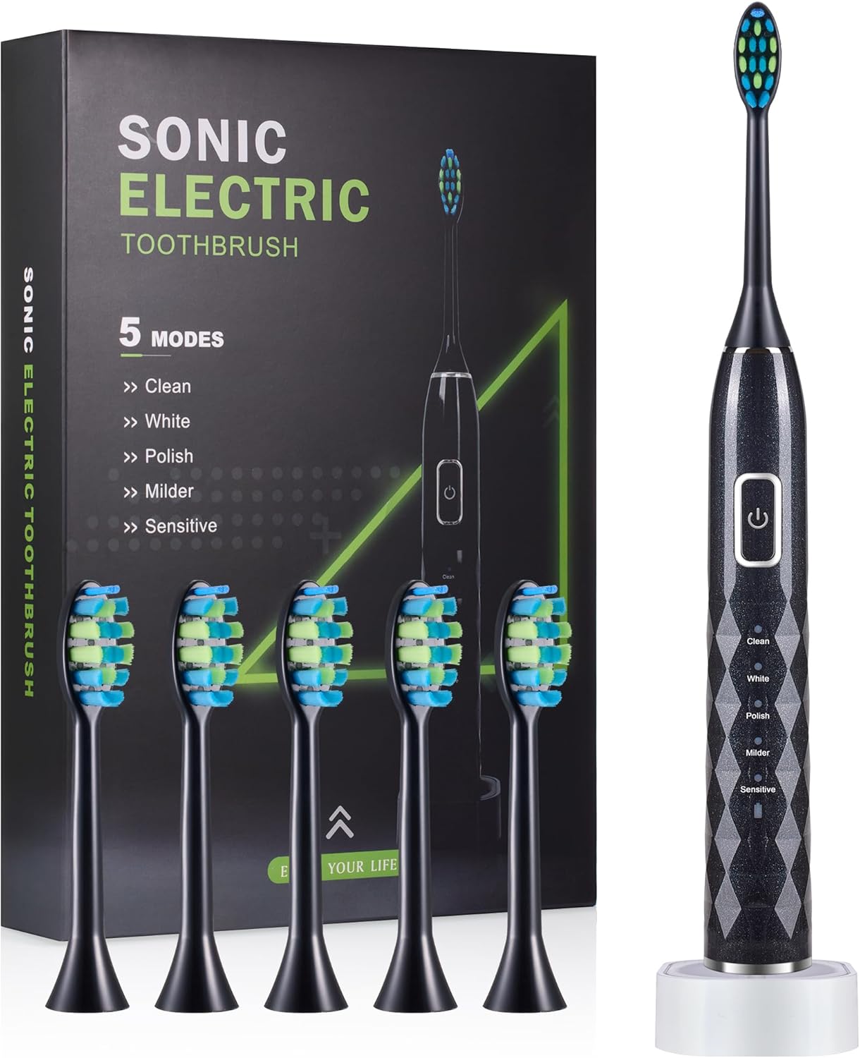 Sonic Electric Toothbrush for Adults - Deep Cleaning Teeth Whitening6 Replacement Brush Heads100-Day Battery5 Modes w/SensitiveIPX7 Waterproof (Color Options)