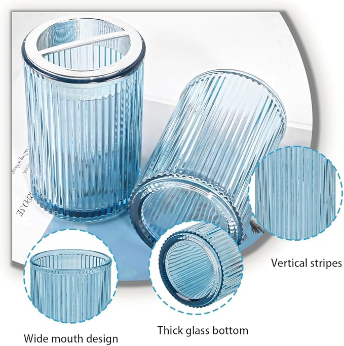 Toothbrush Holders for Bathrooms, 2pcs Glass Toothbrush Holder, 12oz Bathroom Tumbler and Mouthwash Cup, Tooth Brush and Toothpaste Organizer for Bathroom Vanity Countertop (Blue Silver)