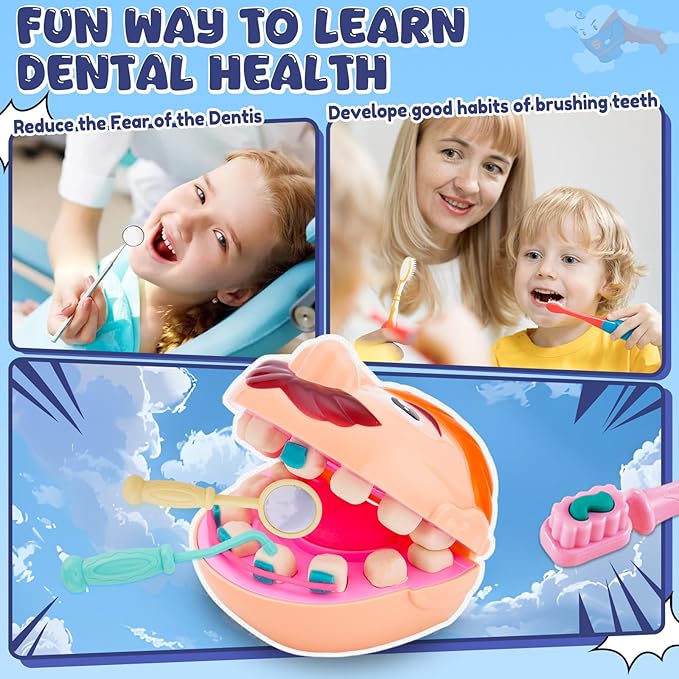 Dentist Color Dough Set, Dental Tools Kit Drill and Fill, Doctor DIY Playset Toys for Kids Toddlers 3 Years and Up, Art & Craft Gift with Moulds, Models, 5 Non-Toxic Color