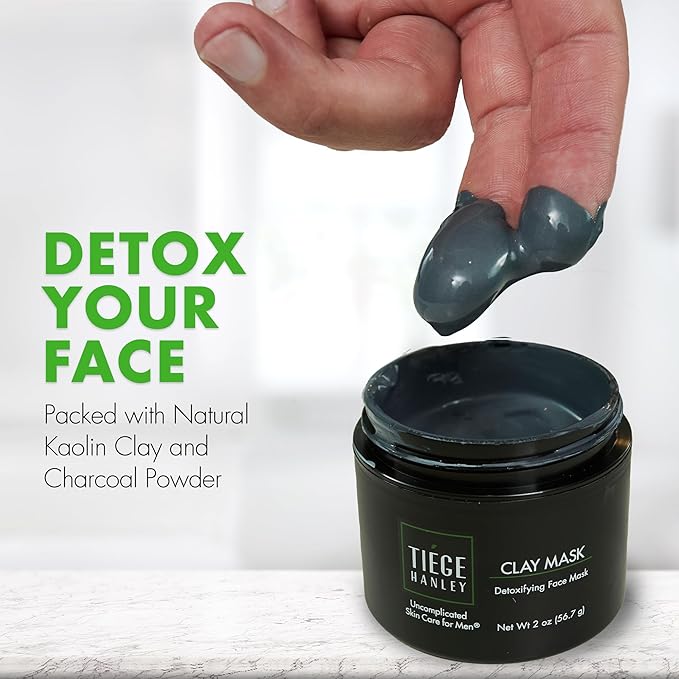 Tiege Hanley Detoxifying Facial Clay Mask for Men, Deep Pore Cleansing Charcoal Face Mask With Natural Kaolin Clay and Aloe, Absorbs Oil & Reduces Appearance of Pores, Men’s Skin Care, 2 Oz, 2 Pack