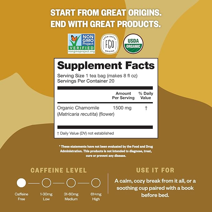 FGO Organic Chamomile Tea, 100 Eco-Conscious Tea Bags, Caffeine Free, Resealable Bag, Packaging May Vary (Pack of 1)