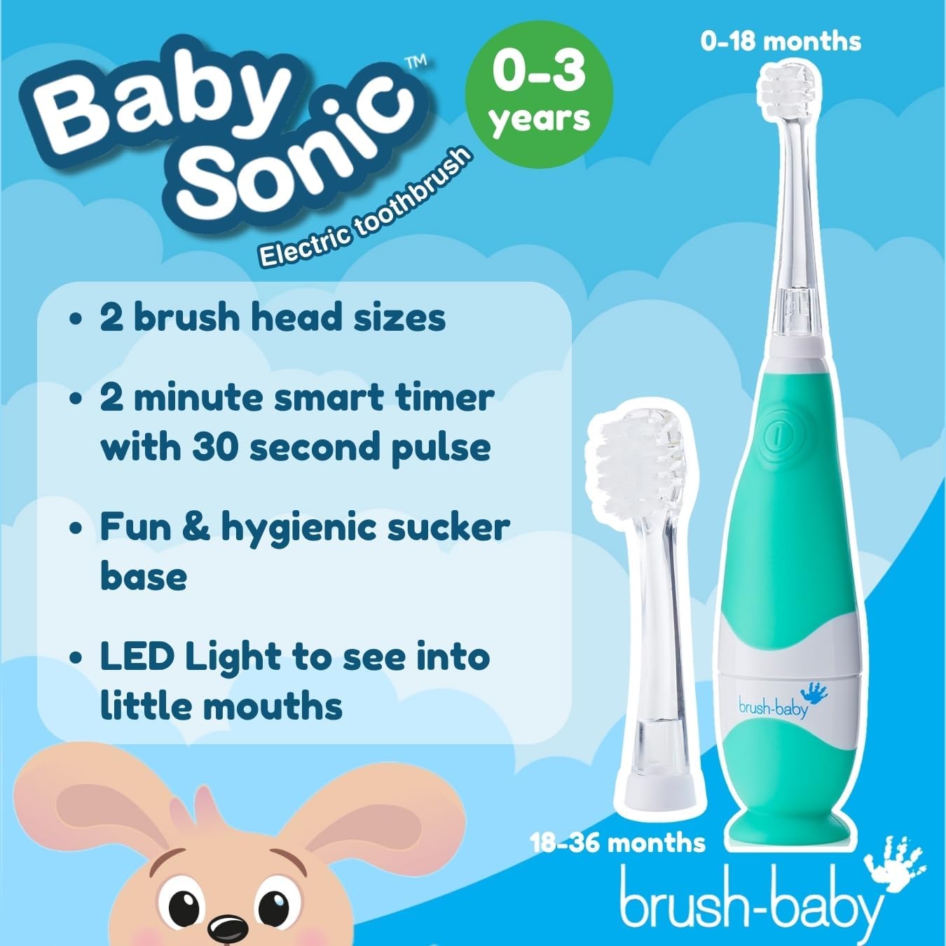 brush-baby BabySonic Infant and Toddler Electric Toothbrush for Ages 0-3 Years - Smart LED Timer and Gentle Vibration Provide a Fun Brushing Experience - Includes 2 Sensitive Brush Heads (Teal)